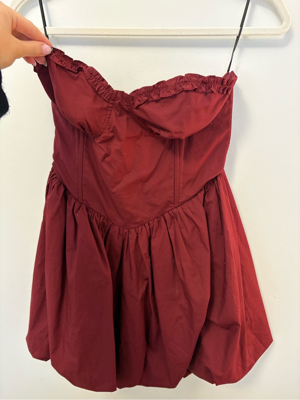 REVOLVE Strapless Ruffled Bust Mini Dress in Burgundy